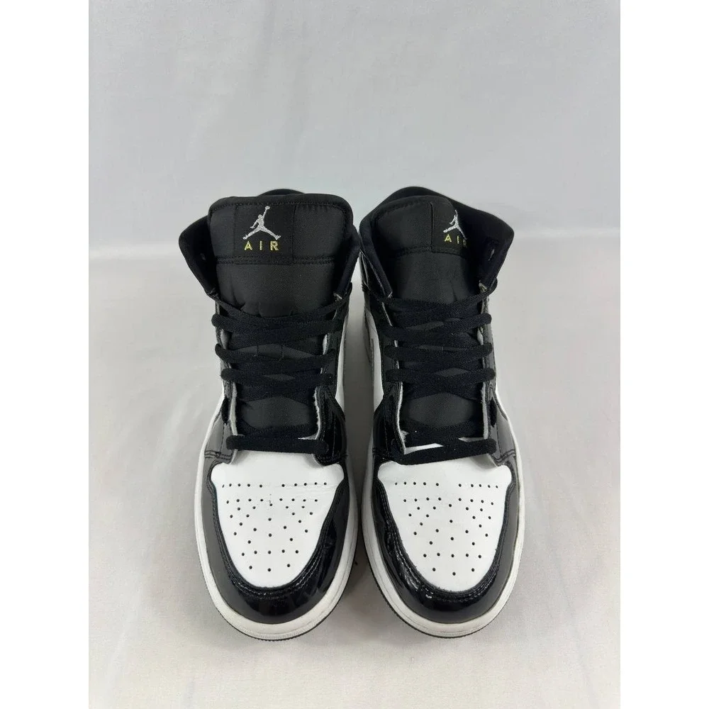 Nike Jordan 1 Mid SE Patent Black White Metallic Silver HV0789-010 Men's Size 9